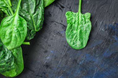 Ispanak yeşili taze yapraklar aperatif sebzeler çalı yeşil saplar ve menü büyüklüğünde taçyaprağı kavramı. text keto ya da paleo diyet organik sağlıklı beslenme için üst görünüm kopyalama alanı