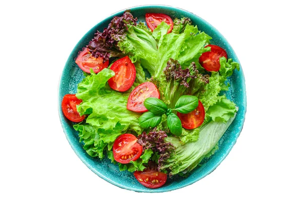 健康的沙拉叶混合微绿色 西红柿 洋葱等配料 食品背景复制空间 — 图库照片