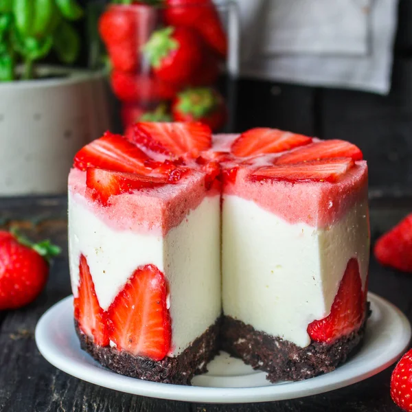 Cheesecake Φράουλα Γλυκό Κέικ Επιδόρπιο Μασκαρπόνε Μούρα Menu Έννοια Υγιεινή — Φωτογραφία Αρχείου