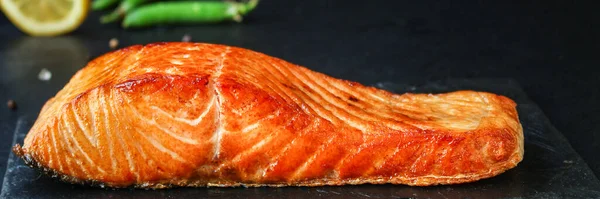 Gebratener Lachs Grill Menü Konzept Serviergröße Lebensmittel Hintergrund Von Oben — Stockfoto