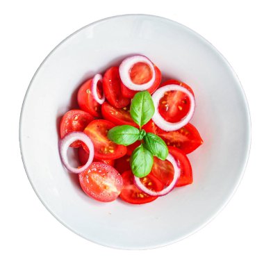 Domates salatası, lezzetli sebzeler, çalılar yeşil saplar ve servis edilen yaprak menüsü konsepti. metin keto ya da paleo diyeti için yiyecek arkaplan üst görünüm kopyalama alanı 