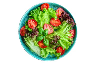 Sağlıklı sebze salatası marul, mikro yeşil salatalık, salatalık, domates, soğan gibi diğer malzemeler bırakır. yiyecek arkaplan kopyalama alanı 