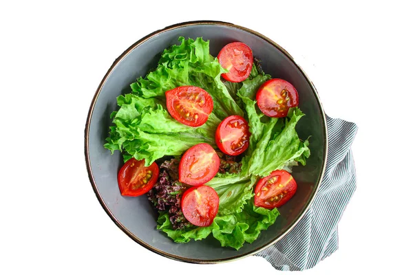 健康的蔬菜沙拉叶生菜拌匀微绿色 西红柿 洋葱等配料 食品背景复制空间 — 图库照片