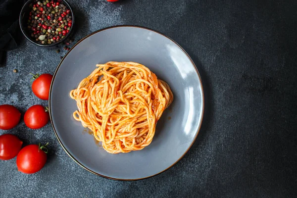 Спагетті Макарони Томатний Соус Концепція Подає Розмір Другого Страви Простір — стокове фото