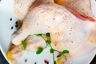 Tavuk budu çiğ et menüsü konsepti. textketo ya da paleo diyeti için üst görünüm kopyalama alanı