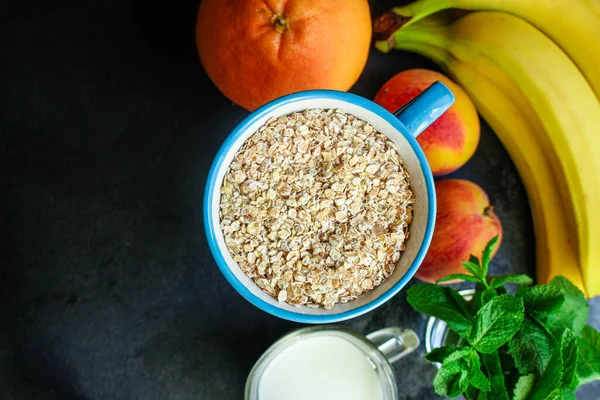 Oatmeal Fruit Menu Concept Serving Size Food Background Top View — Stock Photo, Image