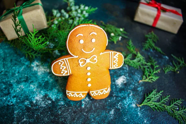 gingerbread gifts and Christmas holiday, sweet cookie dessert happy New Year. festive food background. top view copy space for text