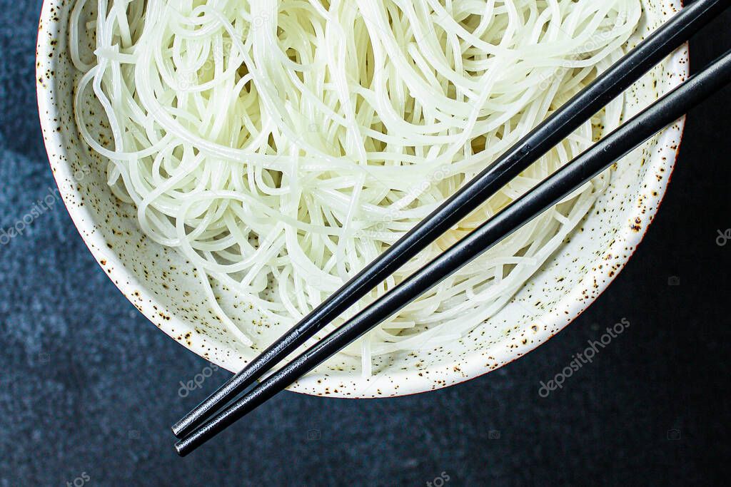 rice noodles thin glass noodleMenu concept serving size. food background top view copy space for text organic 