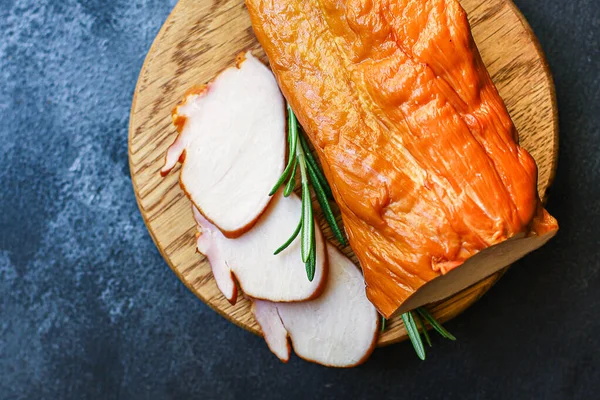 Viande Fumée Poitrine Poulet Dinde Nourriture Fond Vue Dessus Copier — Photo