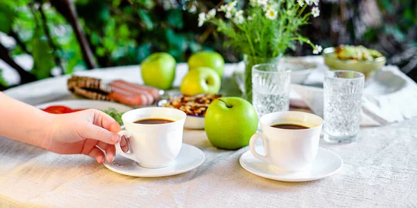Kahve Kahvaltı Açık Hava Tarla Mahsulü Arka Plan Fotokopi Alanı — Stok fotoğraf