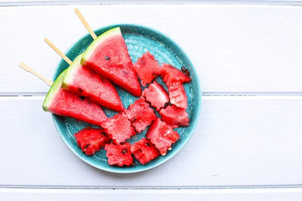 Vattenmelon Skivor Bitar Röd Mogen Bär Saftig Söt Dessert Frukt — Stockfoto