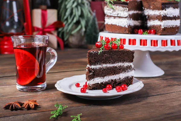 Chocolate Cake Cranberry Red Berries Merry Christmas New Year Dessert — Stock Photo, Image
