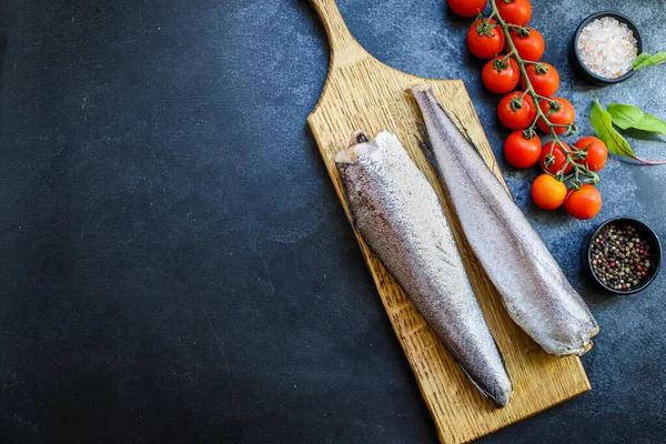 Сира Риба Нарізала Морепродукти Інгредієнти Органічні Їдять Здорове Місце Зверху — стокове фото