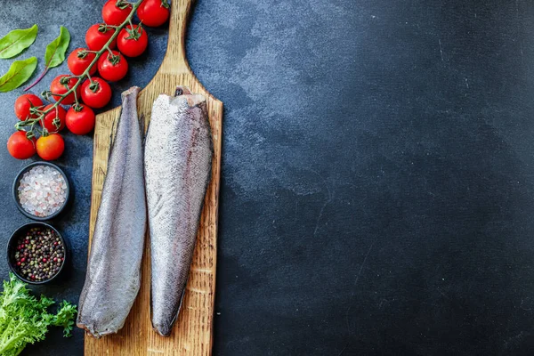 Seehecht Roh Fisch Geschnitten Meeresfrüchte Zutat Draufsicht Ort Für Text — Stockfoto