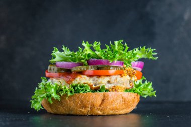 Hamburger nefis ızgara pirzola ve sebzeler organik, sağlıklı, doğal ürün porsiyonları sunuyor.
