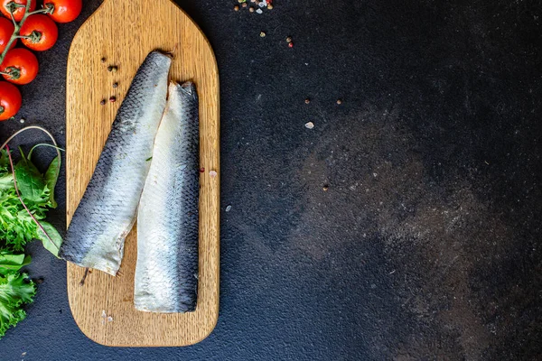 Pescado Arenque Mariscos Conjunto Ingredientes Para Cocinar Tamaño Porción Producto —  Fotos de Stock