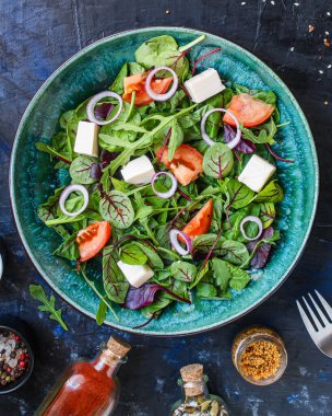 Sebzeli Yunan salatası, vejetaryen vejetaryen atıştırmalığı. Lezzetli, porsiyon porsiyonlu. Metin keto veya paleo diyeti için fotokopi alanı.