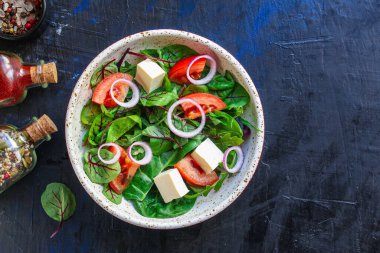 Sebzeli Yunan salatası, vejetaryen vejetaryen atıştırmalığı. Lezzetli, porsiyon porsiyonlu. Metin keto veya paleo diyeti için fotokopi alanı.