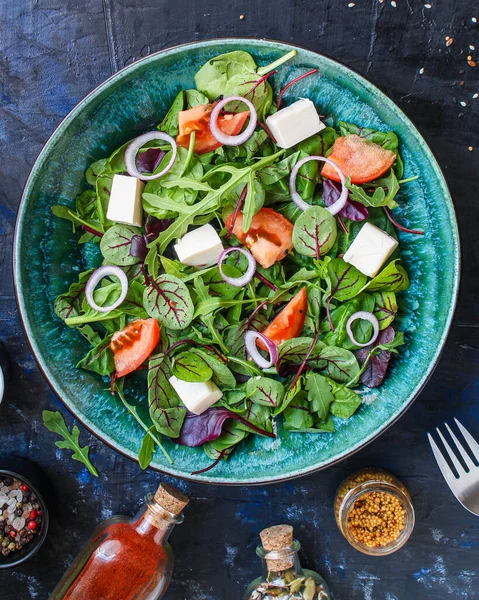 Sebzeli Yunan salatası, vejetaryen vejetaryen atıştırmalığı. Lezzetli, porsiyon porsiyonlu. Metin keto veya paleo diyeti için fotokopi alanı.