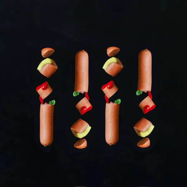 Sausage Pieces Meat Sauce Black Background Product Raw Top View — Stock Photo, Image