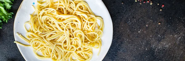 Nudeln Spaghetti Teller Makkaroni Grieß Hartweizen Draufsicht Kopierraum Für Text — Stockfoto