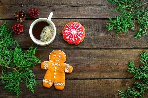 christmas background cookies gingerbread and coffee on the table festive table setting holidays party new year meal on the table tasty serving size portion top view copy space for text food background