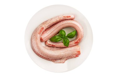 Çiğ kaya yılanbalığı balığı balığı, somon balığı, deniz ürünleri, küçük benekli kedi balığı, lezzetli çerez, lezzetli gurme yemek arka planı, masanın kırsal kesiminde, fotokopi alanı, pesseeter diyeti.