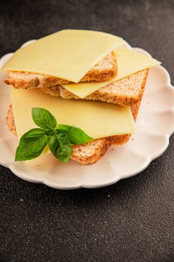 Sandviç, peynir, atıştırmalık taze lezzetli gurme yemek arkaplanı, masanın kırsal kesiminde fotokopi alanı.