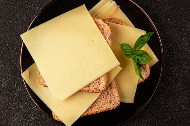 Sandviç, peynir, atıştırmalık taze lezzetli gurme yemek arkaplanı, masanın kırsal kesiminde fotokopi alanı.