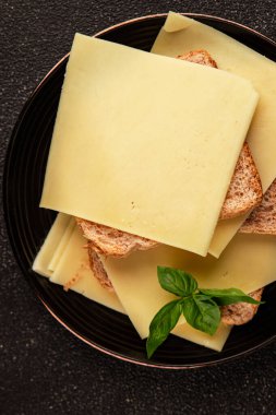 Sandviç, peynir, atıştırmalık taze lezzetli gurme yemek arkaplanı, masanın kırsal kesiminde fotokopi alanı.