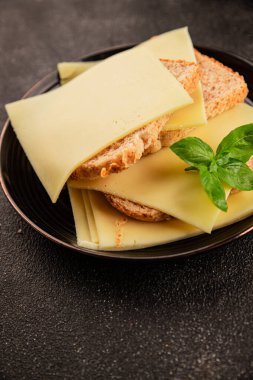 Sandviç, peynir, atıştırmalık taze lezzetli gurme yemek arkaplanı, masanın kırsal kesiminde fotokopi alanı.