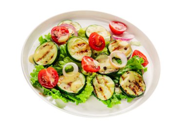 Salata ızgara kabak, domates, marul, lezzetli aperatif lezzetli lezzetli gurme yemek arkaplan masa üzerinde rustik gıda üst görünüm fotokopi alanı keto ve paleo diyet vegan ve vejetaryen gıda