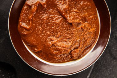 Japon yemeği pişirmek için Miso macunu kalın soya fasulyesi ezmesi. Lezzetli çerezler. Yemek arkaplanı.