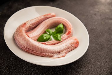 Çiğ kaya yılanbalığı balığı balığı, somon balığı, deniz ürünleri, küçük benekli kedi balığı, lezzetli çerez, lezzetli gurme yemek arka planı, masanın kırsal kesiminde, fotokopi alanı, pesseeter diyeti.