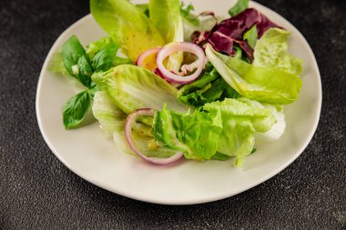 Hindiba salatası yeşil yaprak karışımı sebzeler... doğal ürün... lezzetli yemek... lezzetli gurme yemek... masanın üstünde... kırsal üst görünüm... fotokopi alanı... keto ve paleo diyet vegan ve vejetaryen yiyecekler.