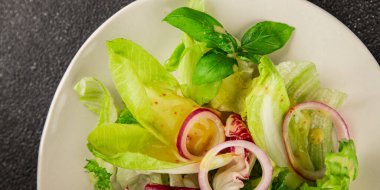 Hindiba salatası yeşil yaprak karışımı sebzeler... doğal ürün... lezzetli yemek... lezzetli gurme yemek... masanın üstünde... kırsal üst görünüm... fotokopi alanı... keto ve paleo diyet vegan ve vejetaryen yiyecekler.