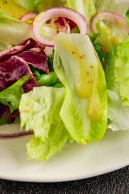 Hindiba salatası yeşil yaprak karışımı sebzeler... doğal ürün... lezzetli yemek... lezzetli gurme yemek... masanın üstünde... kırsal üst görünüm... fotokopi alanı... keto ve paleo diyet vegan ve vejetaryen yiyecekler.