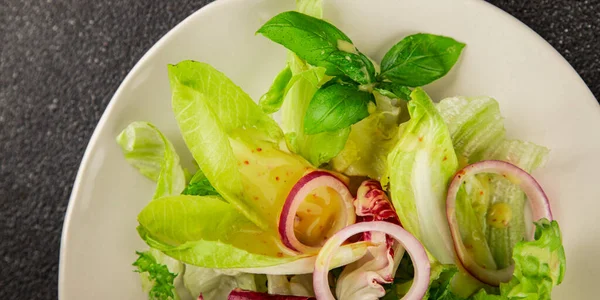 Hindiba salatası yeşil yaprak karışımı sebzeler... doğal ürün... lezzetli yemek... lezzetli gurme yemek... masanın üstünde... kırsal üst görünüm... fotokopi alanı... keto ve paleo diyet vegan ve vejetaryen yiyecekler.