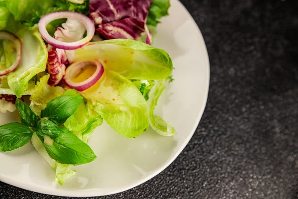 Hindiba salatası yeşil yaprak karışımı sebzeler... doğal ürün... lezzetli yemek... lezzetli gurme yemek... masanın üstünde... kırsal üst görünüm... fotokopi alanı... keto ve paleo diyet vegan ve vejetaryen yiyecekler.