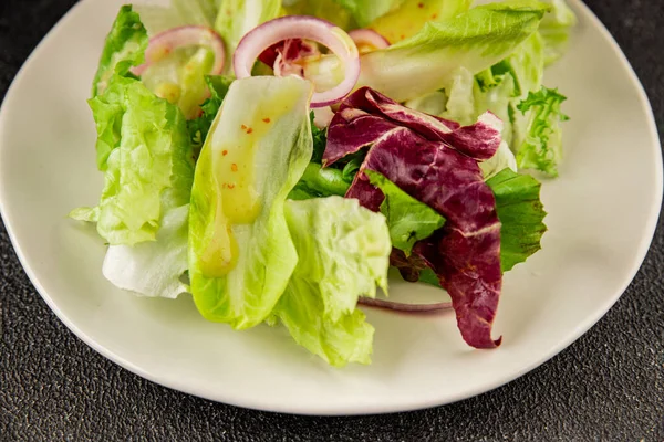 Hindiba salatası yeşil yaprak karışımı sebzeler... doğal ürün... lezzetli yemek... lezzetli gurme yemek... masanın üstünde... kırsal üst görünüm... fotokopi alanı... keto ve paleo diyet vegan ve vejetaryen yiyecekler.