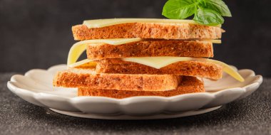 Sandviç, peynir, atıştırmalık taze lezzetli gurme yemek arkaplanı, masanın kırsal kesiminde fotokopi alanı.