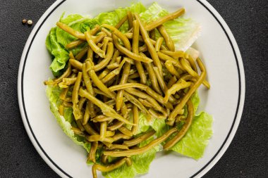 Çalı fasulyesi, yeşil fasulye, sebze, sebze, sebze, çerez, lezzetli, gurme, arka plan, masa, kırsal kesim, fotokopi alanı, vejetaryen ve vejetaryen yemekleri.