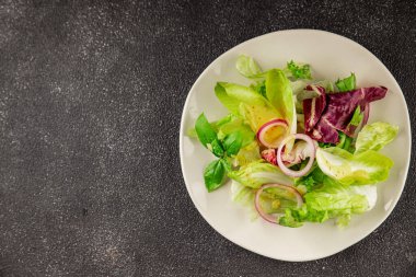 Hindiba salatası yeşil yaprak karışımı sebzeler... doğal ürün... lezzetli yemek... lezzetli gurme yemek... masanın üstünde... kırsal üst görünüm... fotokopi alanı... keto ve paleo diyet vegan ve vejetaryen yiyecekler.