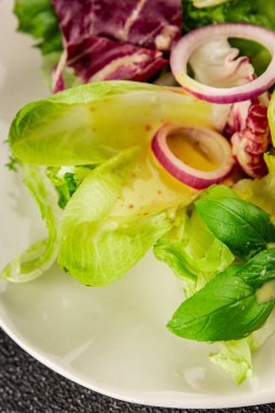 Hindiba salatası yeşil yaprak karışımı sebzeler... doğal ürün... lezzetli yemek... lezzetli gurme yemek... masanın üstünde... kırsal üst görünüm... fotokopi alanı... keto ve paleo diyet vegan ve vejetaryen yiyecekler.