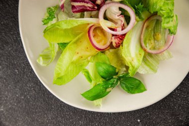 Hindiba salatası yeşil yaprak karışımı sebzeler... doğal ürün... lezzetli yemek... lezzetli gurme yemek... masanın üstünde... kırsal üst görünüm... fotokopi alanı... keto ve paleo diyet vegan ve vejetaryen yiyecekler.
