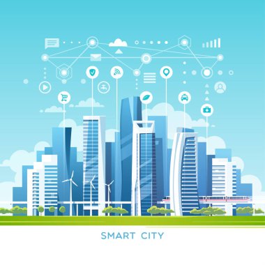 Farklı simgeler ve elemanları ile akıllı şehir kavramı. Geleceğin teknolojisi yaşam için. Kentsel peyzaj binalar ve gökdelenler ile. Vektör çizim.