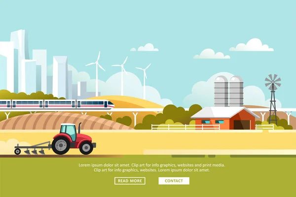 农业和农业 乡村景观与剪影大城市和火车铁路 设计信息图形 网站和打印媒体的元素 向量例证 — 图库矢量图片