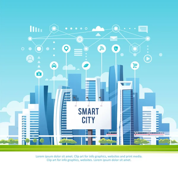 Concetto Smart City Con Icone Elementi Diversi Tecnologia Futura Vivere — Vettoriale Stock