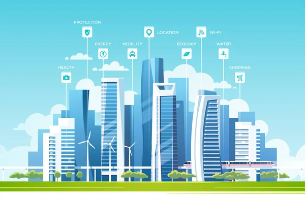 Paisagem Urbana Com Edifícios Arranha Céus Metrô Conceito Cidade Inteligente —  Vetores de Stock