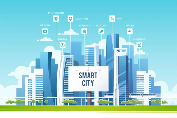 Paisagem Urbana Com Edifícios Arranha Céus Metrô Conceito Cidade Inteligente —  Vetores de Stock